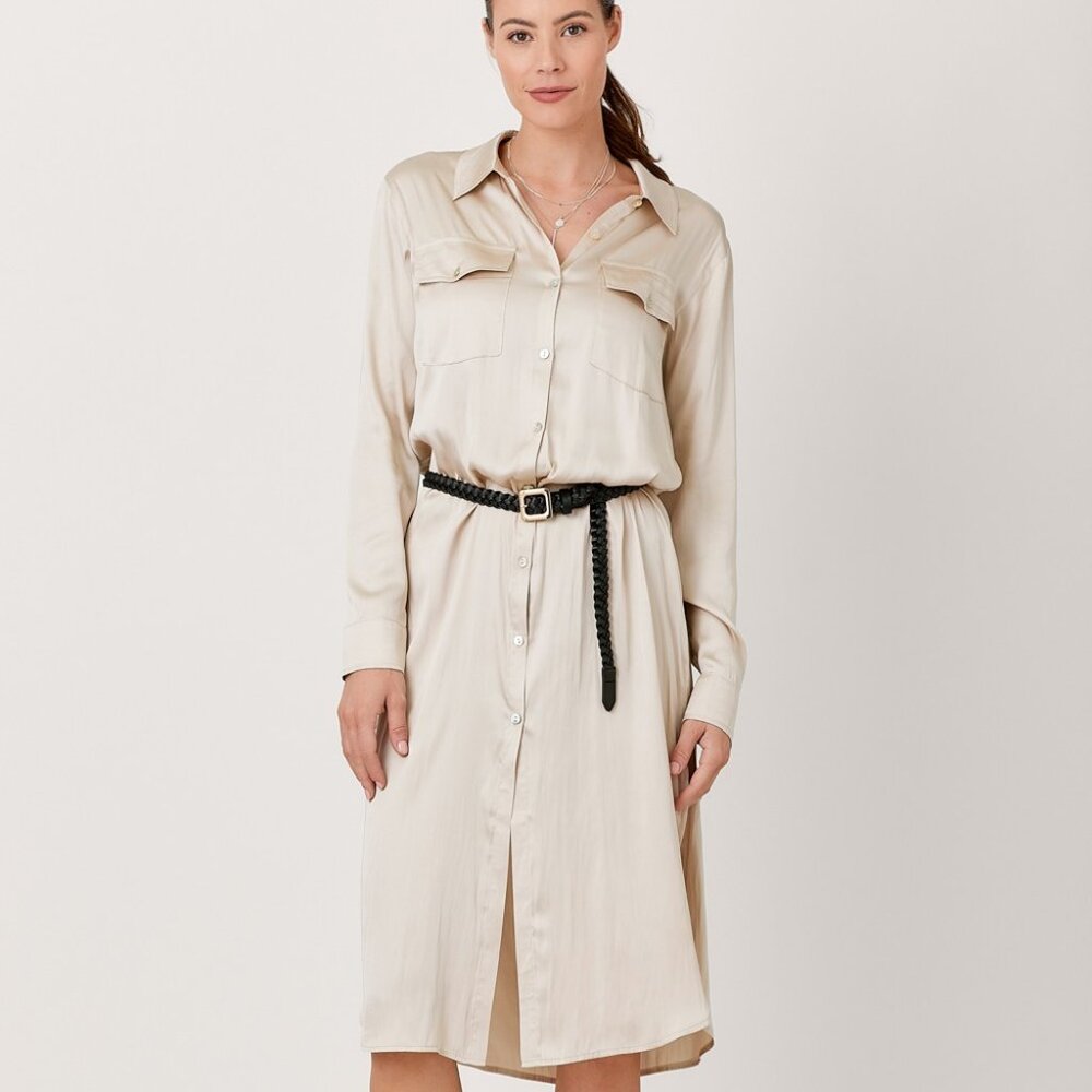 MYSTREE Champagne Beige Satin Feel Button Front Shirt Dress Midi Long Sleeve